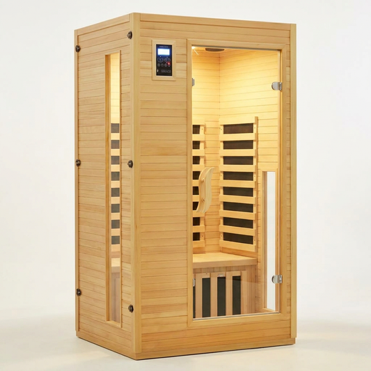 2024 Upgrade 1 to 2 Person Infrared Sauna, Low EMF Infrared Sauna for Home, Indoor Sauna Room, Hemlock Wooden Far Infrared Sauna, Dry Sauna with Bluetooth Speakers, LED Reading and Chromotherapy Lamp — Studio Shot