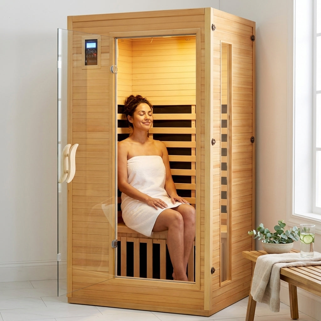 2024 Upgrade 1 to 2 Person Infrared Sauna, Low EMF Infrared Sauna for Home, Indoor Sauna Room, Hemlock Wooden Far Infrared Sauna, Dry Sauna with Bluetooth Speakers, LED Reading and Chromotherapy Lamp — Lifestyle