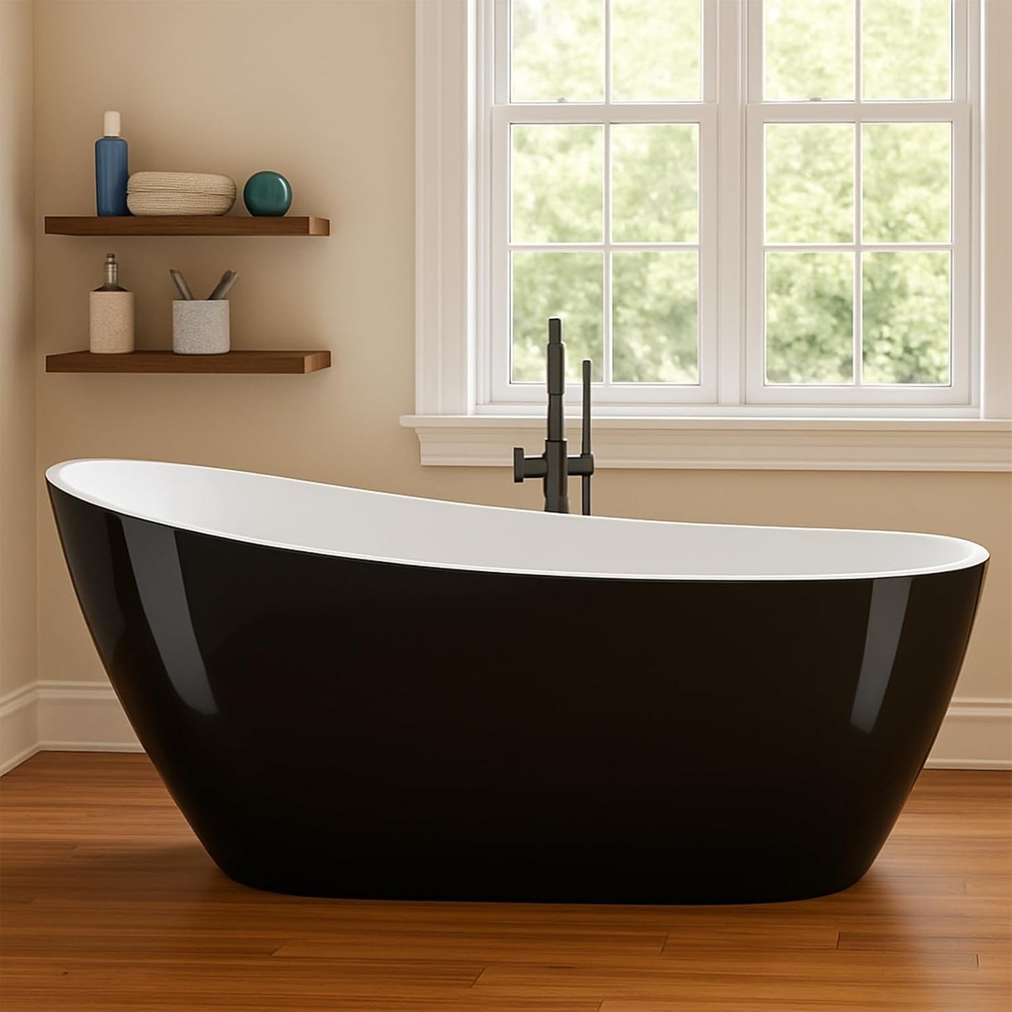 67 Inch Freestanding Bathtub, Soaking Tub, Acrylic, Deep Upright Bathtub with Built-In Drain and Overflow, Contemporary Free Standing, Black Elegant Finish