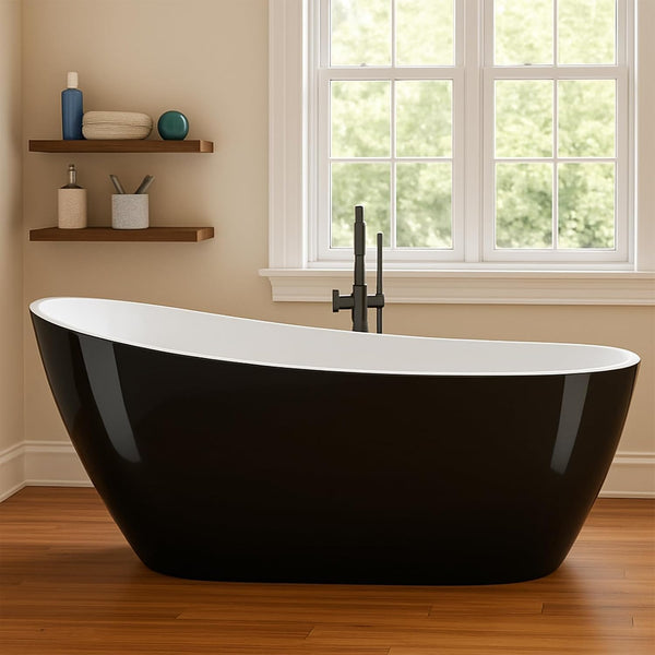 67 Inch Freestanding Bathtub, Soaking Tub, Acrylic, Deep Upright Bathtub with Built-In Drain and Overflow, Contemporary Free Standing, Black Elegant Finish
