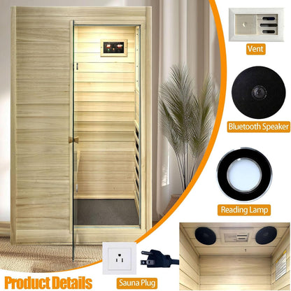 Far Infrared Sauna European Aspen Wood 1 Person Infrared Sauna for Home 905W Low EMF Mini Indoor Sauna with Bluetooth Speakers, Right Door