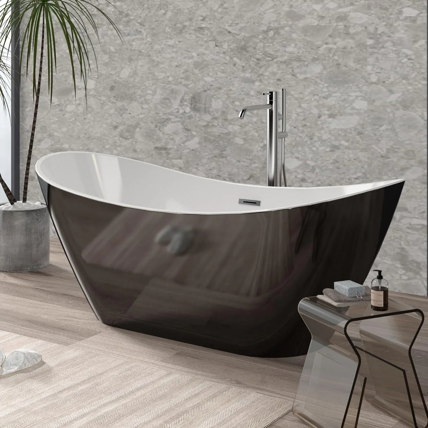 59"/67" Freestanding Bathtub,Acrylic Streamline Stand Alone Soaking Bath Tubs